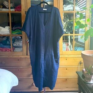 Rachel Craven V-Neck Long Linen Dress - Navy - Size 1